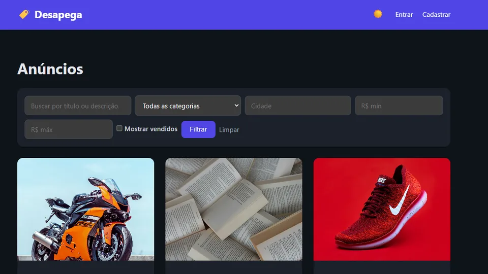 Tela do Desapega com os filtros de busca e três anúncios com foto e preço