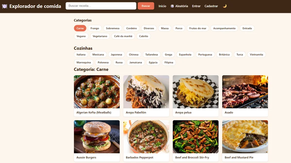 Food Explorer com os filtros de categoria e cozinha e uma grade de receitas com foto