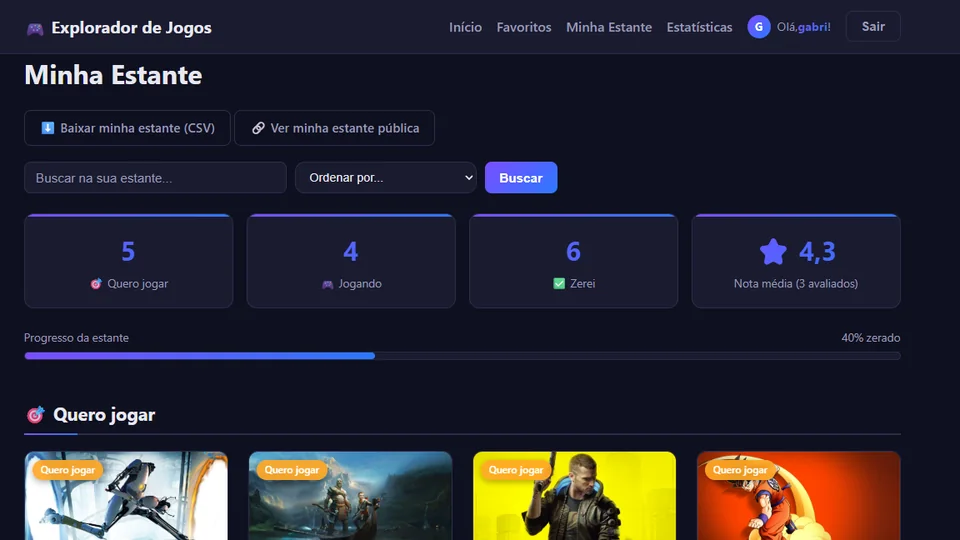Minha Estante do Games Explorer com os contadores de progresso e as capas dos jogos