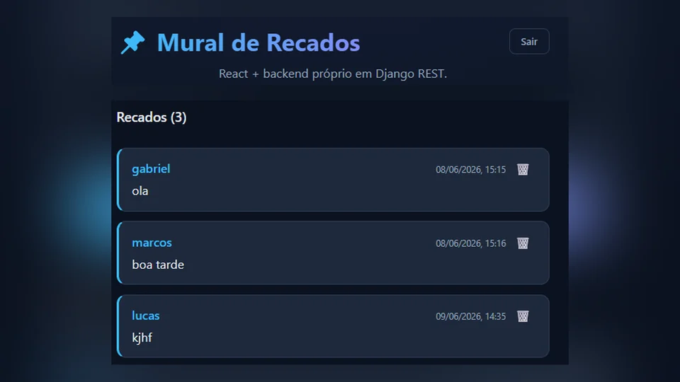 Mural de recados com o formulário de envio e três recados publicados